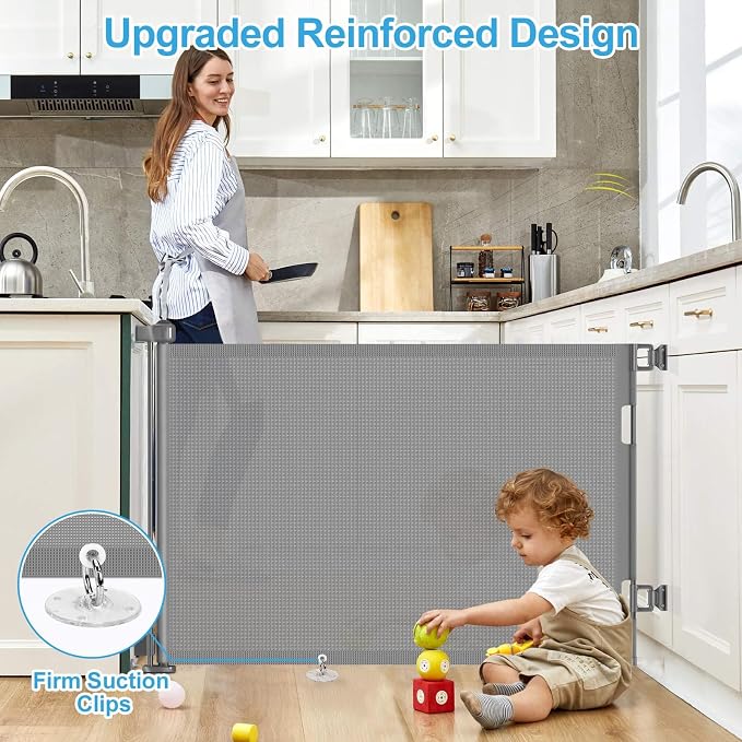 EZIGO 71 Inch Retractable Baby Gates Extra Wide Baby Dog Gate for Stairs | 34 Inch Tall Retractable Dog Gate, One-Hand Operation Mesh Safety Pet Gate for Deck, Porch, Doorways Indoor Outdoor, Gray