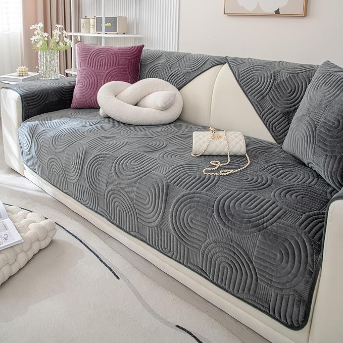 Soft Plush Geometric Quilted Couch Sofa Cover Boho Non Slip Fuzzy Sectional Couch Cover Solid Color Washable Sofa Slipcover Furniture Protector for Kids Dogs Cats (Dark Grey,36"x82")