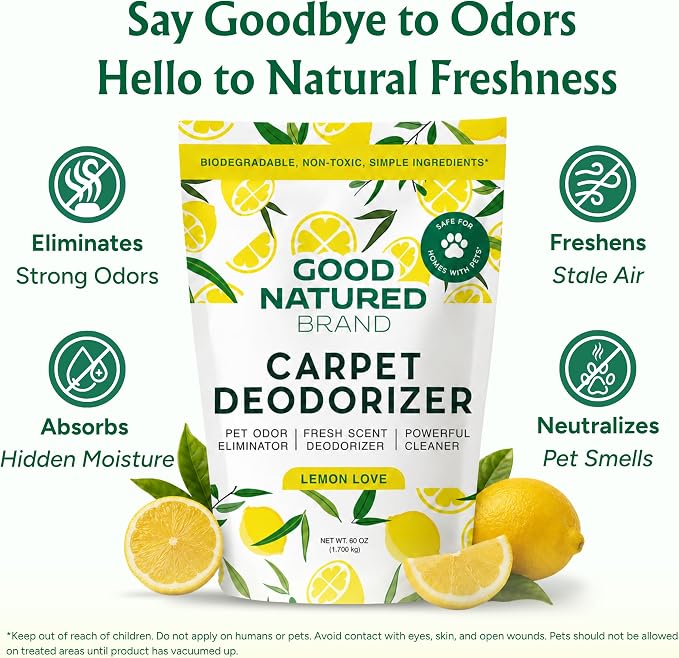 Good Natured Brand | Carpet Deodorizer & Freshener Powder | 60 oz Pet Odor Eliminator for Strong Odor & Pet Urine | Fresh Natural Lemon Love | Safe for Homes with Pets