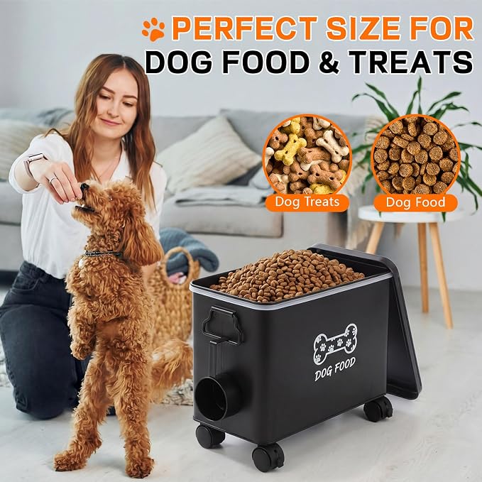 Dog Food Container 13 lb Cute Airtight Food Storage Containers with Metal Lid Scoop Black Metal Storage Bin for Dog Cat with Wheels