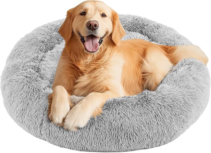 DUMOS 37.4 Inch Donut Dog Bed, Faux Fur Plush, Grey | Machine Washable Cuddler Warming Cozy Fluffy Faux Fur Plush Round Pet Bed, Anti-Slip Bed for Indoor Dogs and Cats