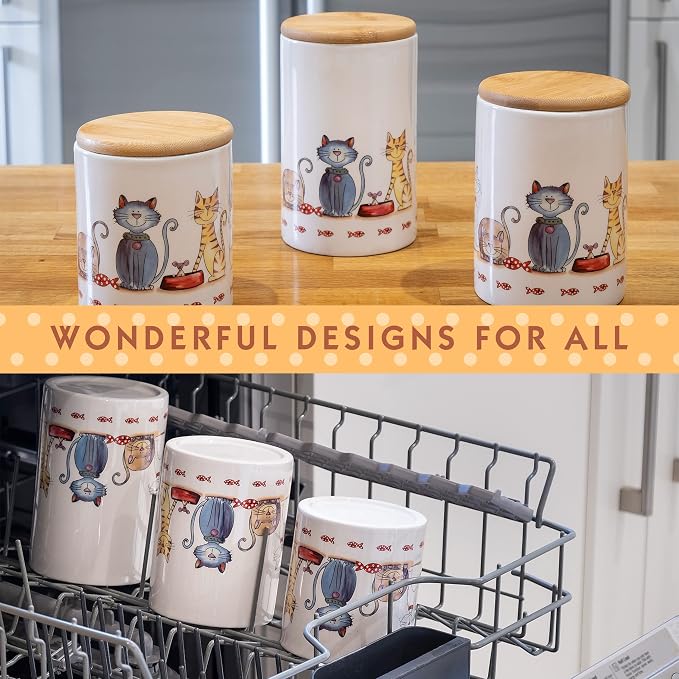 SPOTTED DOG GIFT COMPANY Canisters Sets for the Kitchen Countertop, 3-Piece Airtight Ceramic Food Storage Containers with Lids for Coffee Tea Sugar, Gifts for People Who Love Cats