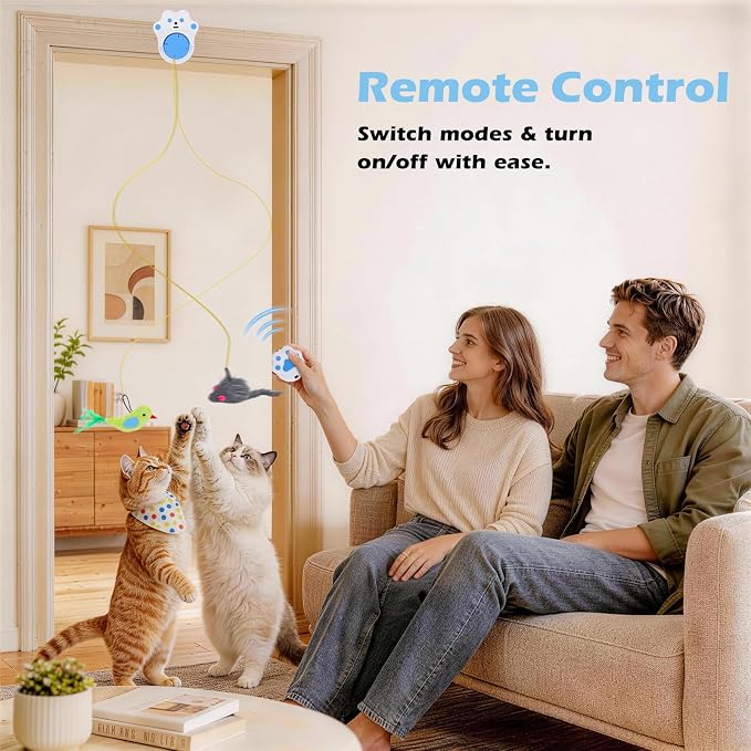 Interactive Cat Toys for Indoor Cats, Remote & 4Modes Automatic Flying Bird | No-Drill Doorway Cat Toy with Adjustable Speed, USB Rechargeable Electric Door Hanging Toy for Bored Kitten and Adult Cat