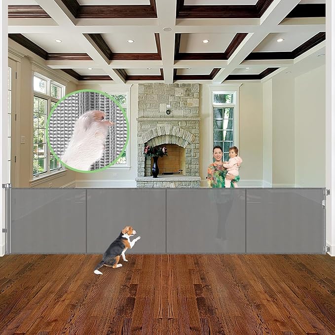 Reinforced 37" Tall x 155" Extra Wide Retractable Baby Gate, Indoor/Outdoor | Retractable Dog Gate for Large Openings, Space-Saving, Easy to Use, Scratch-Resistant Mesh, Safety Lock, Easy Install, Gray