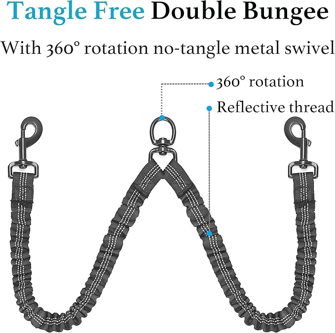 iYoShop Dual Dog Leash - 360° Swivel, No Tangle Walking Leash with Shock Absorbing Bungee for Two Dogs (Medium, 8-35 lbs, Black)