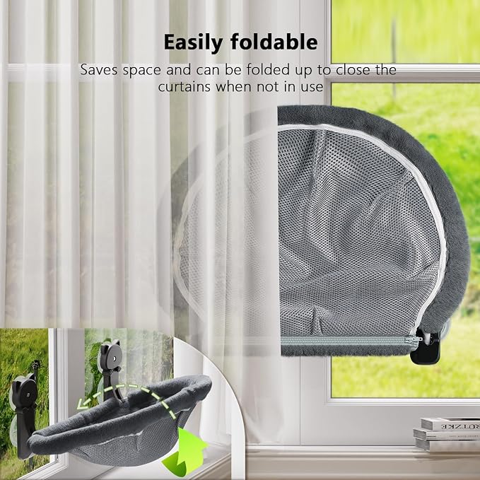Cat Window Perch Cordless, Foldable & Stable Cat Beds- Breathable Cat Window Hammock for Overlooking, Sunbathing and Climbing - Maximum Hold Up to 40lb