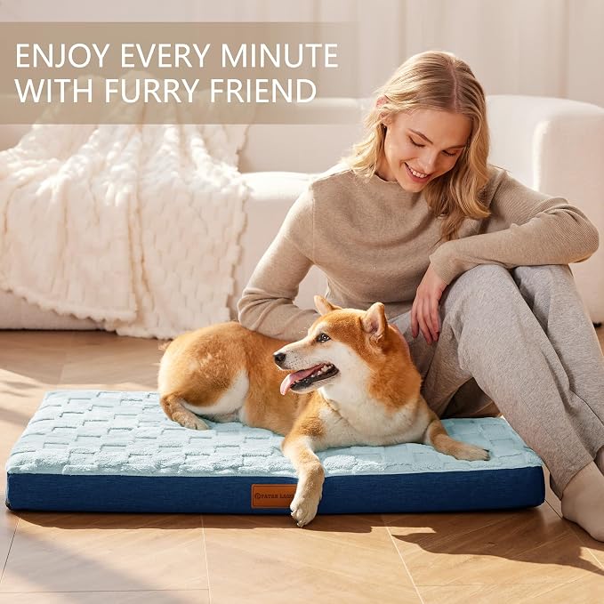 Patas Lague Orthopedic Large Dog Bed Washable Pet Crate Mat 48''X30'' Blue | Egg-Crate Foam Dog Couch For Large Sized Dogs, Waterproof Removable Cover, Soft Pet Bed With Nonskid Bottom