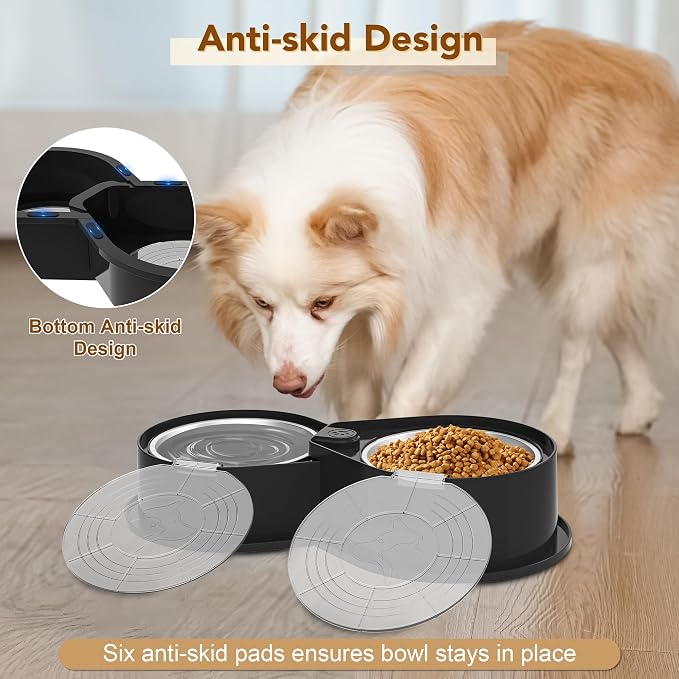 Newget 304 Stainless Steel Dog Bowl Set with Lids, 24oz Foldable Pet Dishes | Dual Food & Water Pet Bowl, Anti-Skid, Keeps Food Fresh, Easy to Install, for Small - Large Dogs/Cats - Indoor & Outdoor Use