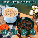 Tioncy 2 Pcs Ceramic Elevated Slow Feeder Cat Bowl, Raised Cat Slow Feeder Bowl, Anti Vomiting for Dry and Wet Food, No Spill High Edge Easy Clean Dishwasher Safe (Dark Green,Blue)