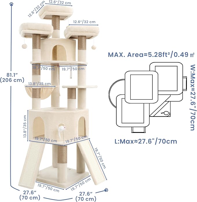 Cat Tree, 81.1" Tall Heavy Duty Cat Tower for Large Cats VCT032MJ | Cat Furniture with 3 Wide Platforms, Diamond-Shaped Condo 2 Sisal Scratchers, Hammock & Stable Base, Beige