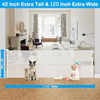 Reinforced 42" Tall X 120" Extra Wide Retractable Baby Gate Extra Long Baby Gates for Large Openings Prevent Kids and Pets from Jumping Over Retractable Pet Gate Reinforced Puppy Gates for Dogs, White