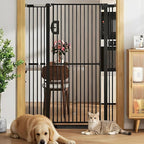 Jekriuet 57" Extra Tall Pet Gate, 27.5"-38.5" Wide, Black | Dog Cat Gate for Doorways Hallways Stairs,Pressure Mounted 1.18" Ultra Narrow Gap No Drilling One-Handed Auto-Close