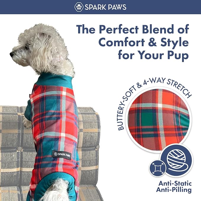 Spark Paws Dog Christmas Pajama, Dog Recovery Suit Male, Onesie, Ultra-Soft and 4-Way Stretch, for Small Medium and Large Breeds - Green and Red Plaid - 5XL