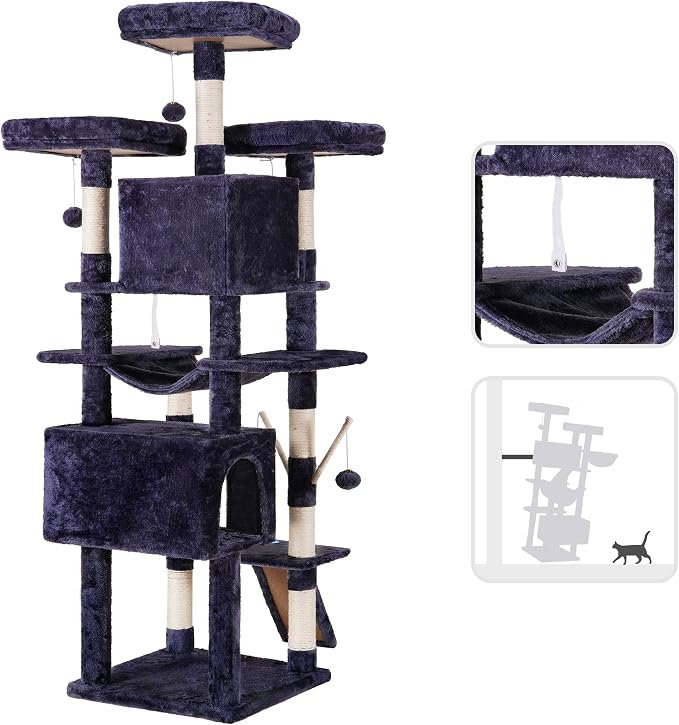 Hey-brother Cat Tree Tower with Stable Multi-Level Padded Perches, MPJ034G | 71 Inches Large Cat House with 3 Platforms, Basket, 2 Cozy Condos, Scratching Posts, Toys Ball for Indoor Cats, Smoky Gray