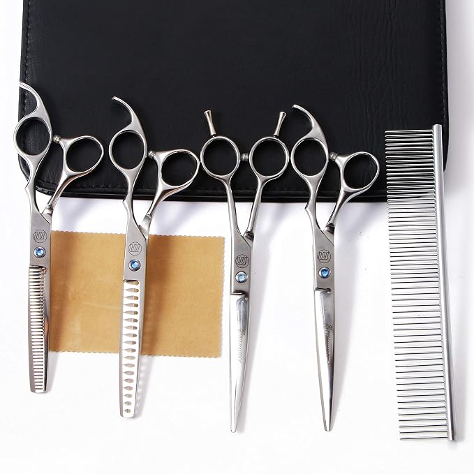 Moontay 7" Professional Dog Grooming Scissors Set of 5 with Pet Comb & Bag | Pet Grooming Chunkers Shears for Dog, Curved Dog Grooming Scissors, Thinning Shears for Dog with Grooming Comb, Silver
