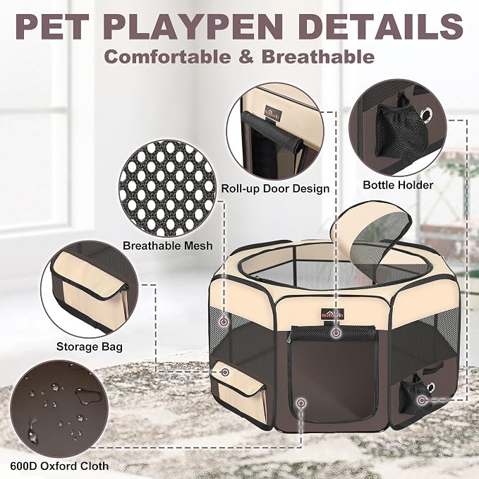 Aivituvin Dog Playpen Foldable Waterproof Pet Play Pens for Cat, Puppies, Rabbits, Chickens, Durable Portable Pet Tent for Travel Camping Indoor/Outdoor Brown XL