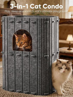 FUKUMARU Cat House for Indoor Cats, Warm Felt Cat Bed, Scratch Resistant | Large Cat Bed Cave, 3-in-1 Cat Condo, Cozy Felt Covered Cats Tunnel, 23.62 Inch Kitten Hideaway for Multicats, Dark Grey