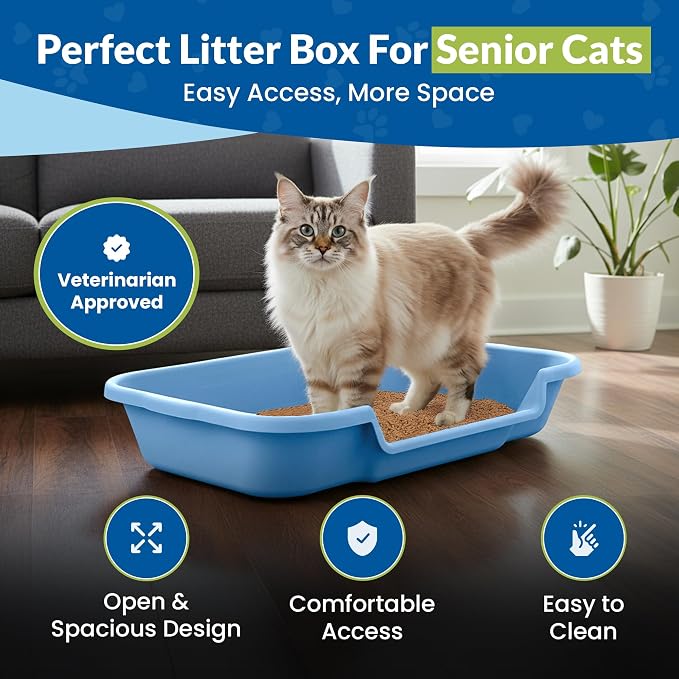 KittyGoHere Senior Cat Litter Box, Large with Jumbo Scoop, Little Boy Blue | Open Top Low Entrance Kitty Litter Box With Long-handle Jumbo Scoop, Lightweight Low Entry Litters Box, Durable, Made in USA