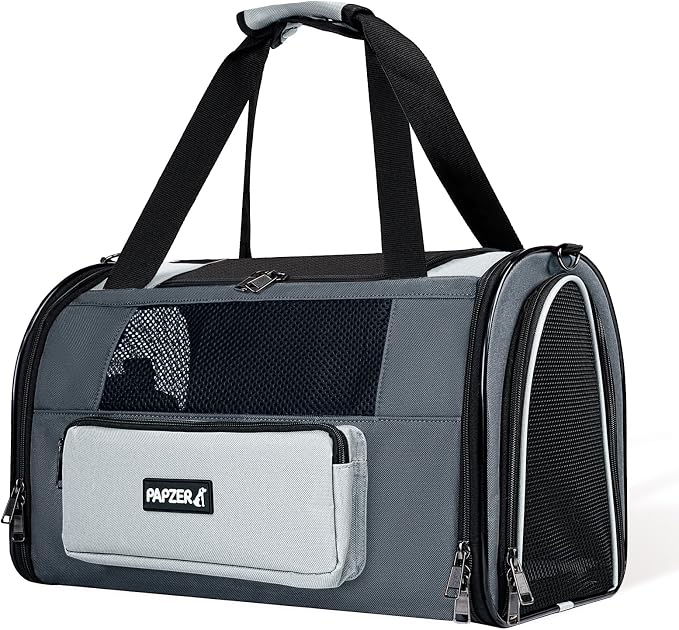 Collapsible Small Pet Carrier for Cat 15 lbs with Fashion Pocket Travel Bag | Lightweight Sturdy Little Puppy Dog Carry Crate, Breathable Stylish Kitten Soft Cage Kennel, Portable Yorkie Box Grey