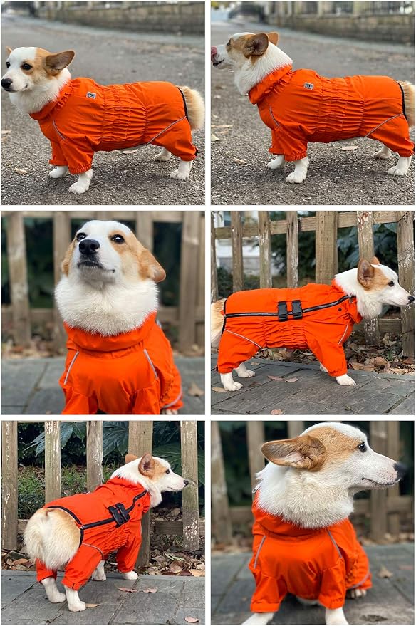 Lovelonglong Waterproof Dog Raincoat – 4-Leg Full Body Dog Rain Suit with Reflective Strips & Leash Opening, Outdoor Dog Jacket for Rainy Weather