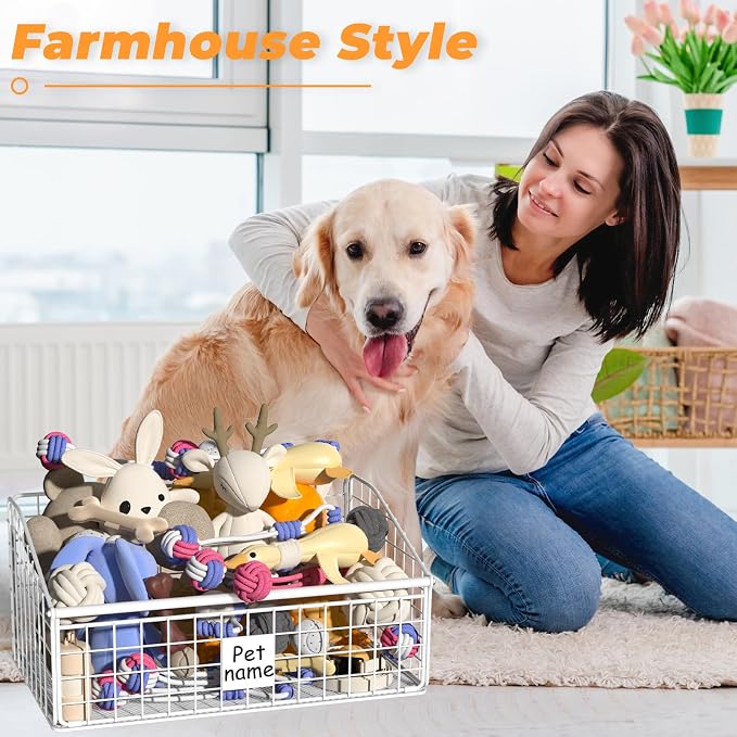 Dog Toy Bin Toy Basket Metal Storage Box with Handles Dog Organizer Chew-Proof White Dog Toy Box Blankets Leashes Chest Puppy Dog Toy Storage Container Home Decor Pet Toys Dog Cat