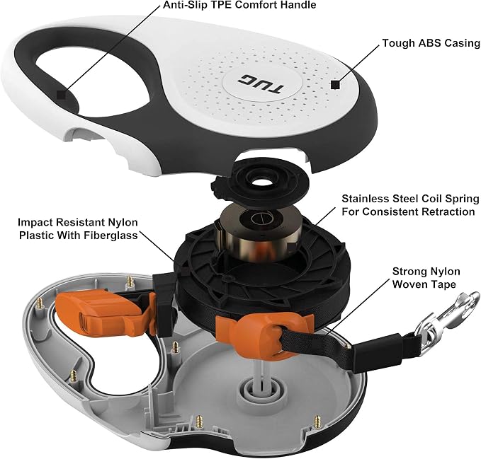 TUG 360° Tangle-Free Retractable Dog Leash with Anti-Slip Handle | 16 ft Strong Nylon Tape | One-Handed Brake, Pause, Lock (Medium, White/Orange)