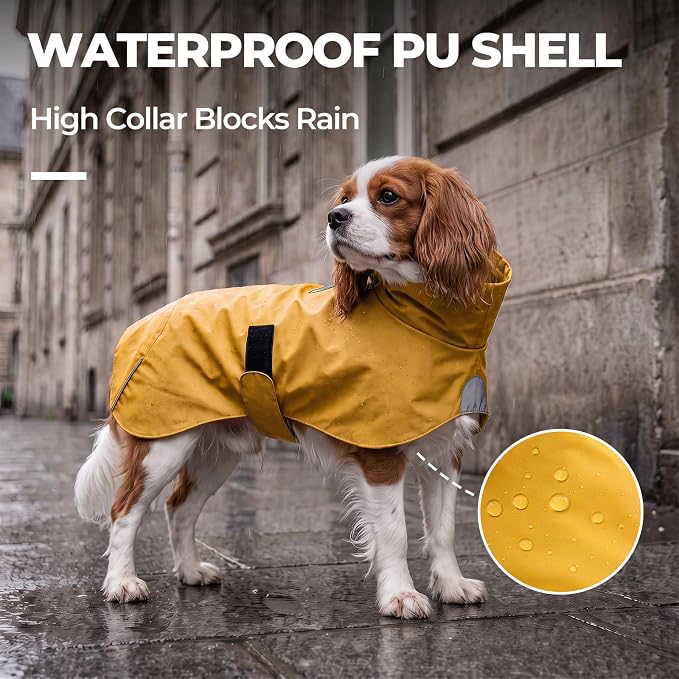 PU Dog Raincoat, Non-Toxic & Odorless Waterproof Vest, Adjustable High Neck and Hook & Loop Belly Closure for Rainy Potty Breaks & Wet Weather Outdoor Walks (Yellow, X-Small)