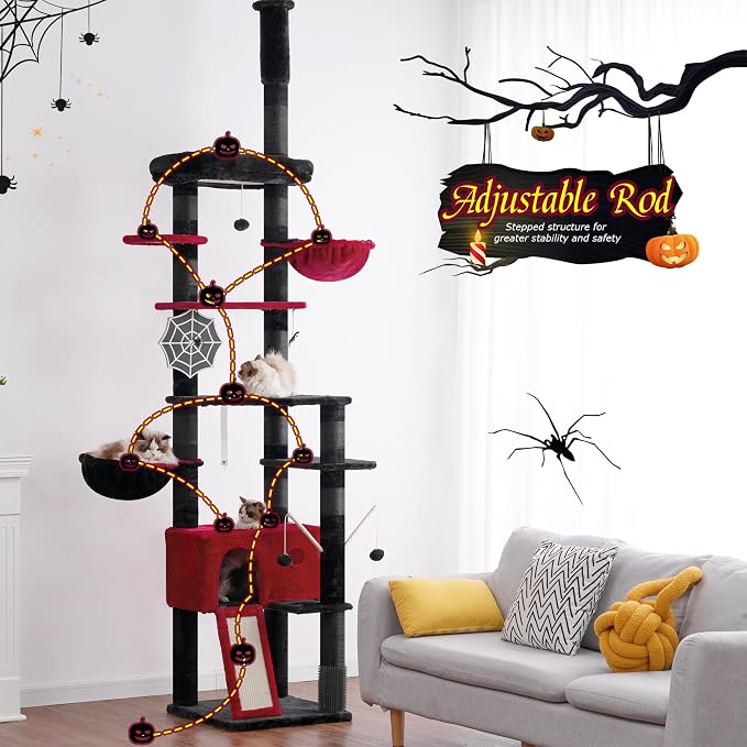 Hey-brother Cat Tree Tower, Adjustable Height, Floor to Ceiling, MPJ091BR | 94.5-106.3 Inches Multi-Level Cat House, Scratching Posts, Plush Condo, Platform, Toy Ball for Indoor Big Cats, Black and Red