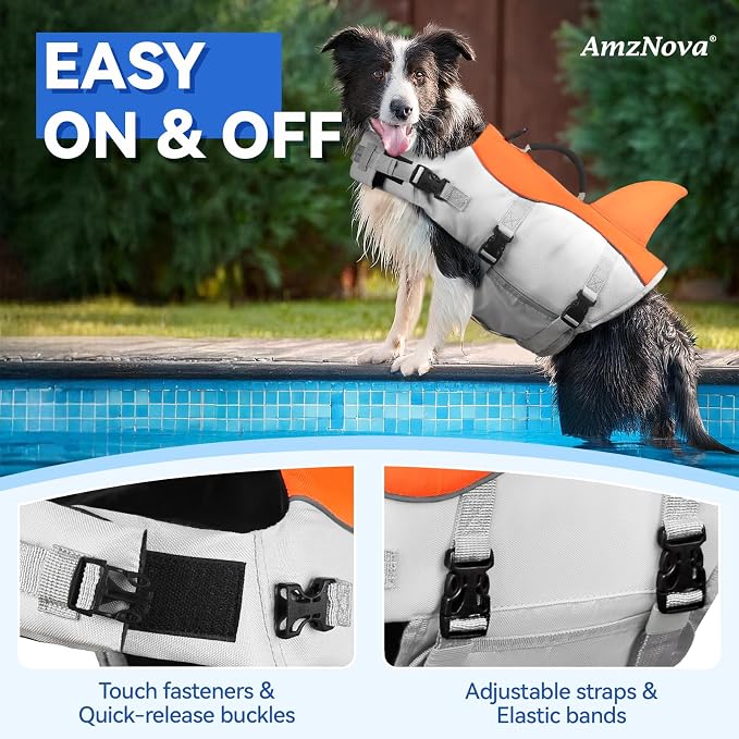 AMZNOVA Dog Swim Vest Shark Dog Life Jacket Life Vest | Lifejacket with Shark Fin & Handle for Boating & Swimming, High Visibility Adjustable for Doggy Cat Puppy, XL, Bright Orange