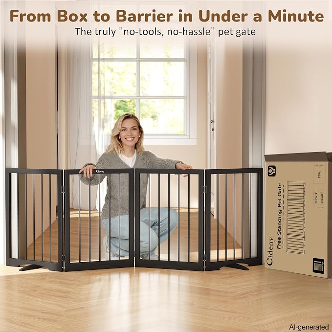 Free Standing Dog Gate Indoor, Foldable Dog Gate for Doorways Stairs | 4-Panel Freestanding Pet Gate with Support Feet for Stability, Folding Puppy Gate Easy to Move, Doggy Gate 72"x24", Black