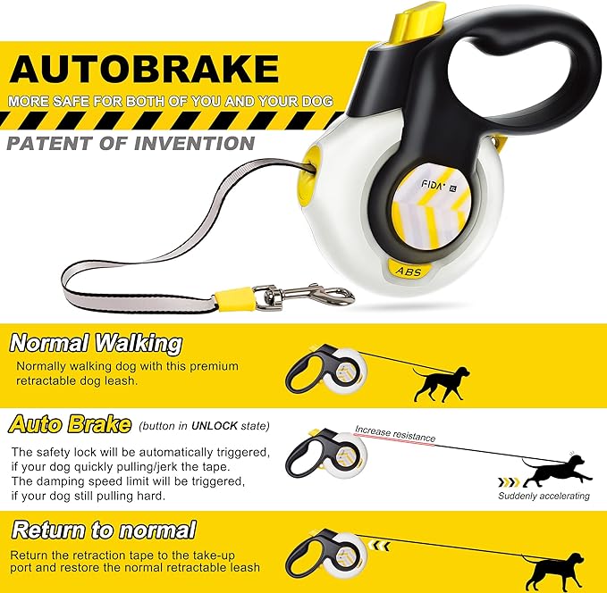 FIDA AutoBrake Retractable Dog Leash. Advanced Patented Design for Dog Pulling, 16 ft Heavy Duty No Pull Pet Walking Leash for Medium Breeds. Tangle Free, Soft Grip, Medium Size.