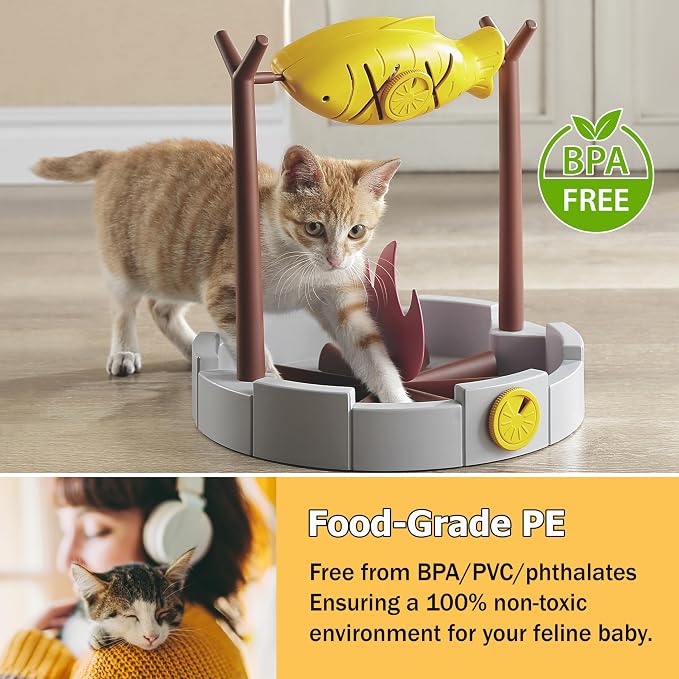 PetPals Cat Slow Feeder Treat Dispenser Interactive Cat Puzzle Fish Toy | Dry Food Dispensing Cat Toy for Small Pets & Kittens, Mental Stimulation Cat Feeding Toy Campfire Theme BBQ Fish Cat Toy