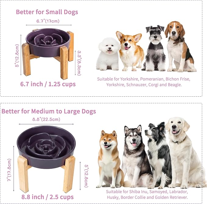 Elevated Slow Feeder Dog Bowl, 8.8" Ceramic Maze Dog Bowl with Stand | 3.2 Cups Slow Feeding Dog Dish for Fast Eaters, 7" Tall Anti-Slip Raised Slow Feeder for Medium to Large Breeds, Purple