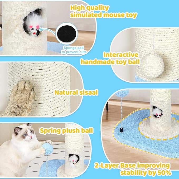 Tall Cat Scratching Post for Indoor Cats,Sisal Scratching Post(Blue Sky) | Cat Scratch Post with Sisal Ball, Solid Wood Cat Tower with Scratching Post and Cat Toys Mouse Hole, Cute Small Cat Tree