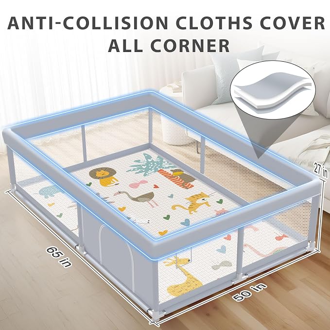 XVISHX Baby Playpen with Mat, 65 x 50 Inch Play Pen Playards, Playpen for Babies and Toddlers, Baby Playard for Indoor & Outdoor Active Center Game Fence, Skin-Friendly Fabric and Soft Breathable Mesh