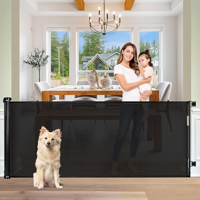 Retractable Baby Gate Extra Wide 65", Retractable Dog Gate Indoor/Outdoor | Durable Mesh Gates for Kids or Pets, Space-Saving, Easy One-Hand Operation Safety Lock, Easy Install, for Stair/Doorway/Black