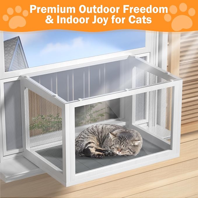 Cat Window Box Catio, Outdoor Indoor Cat Enclosure with Clear Panels, Mesh Sides & PVC Curtain, Universal Window Perch for Windows 25"–43", Window Catio for Sunbathing, Napping & Overlooking,Grey