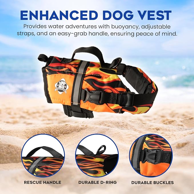 Dog Life Jacket — Premium Swim Vest with SafeChin Anti-Choke Collar | PAWS Aboard Racing Flames | RapidLift Rescue Handle, D-Ring, Reflective Trim | Boating, Kayaking, Pool | XX-Small (Under 6 lbs)