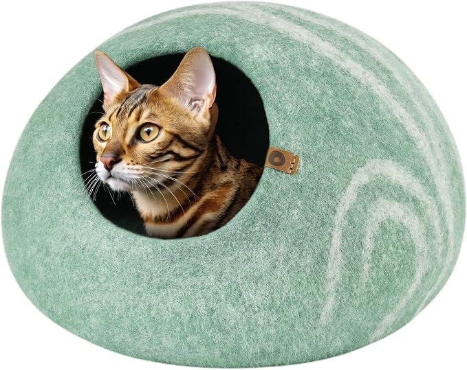 MEOWFIA Cat Cave – Premium Felt Cat Bed Enclosure for Indoor Cats, Handmade Merino Wool (Pistachio, Medium)