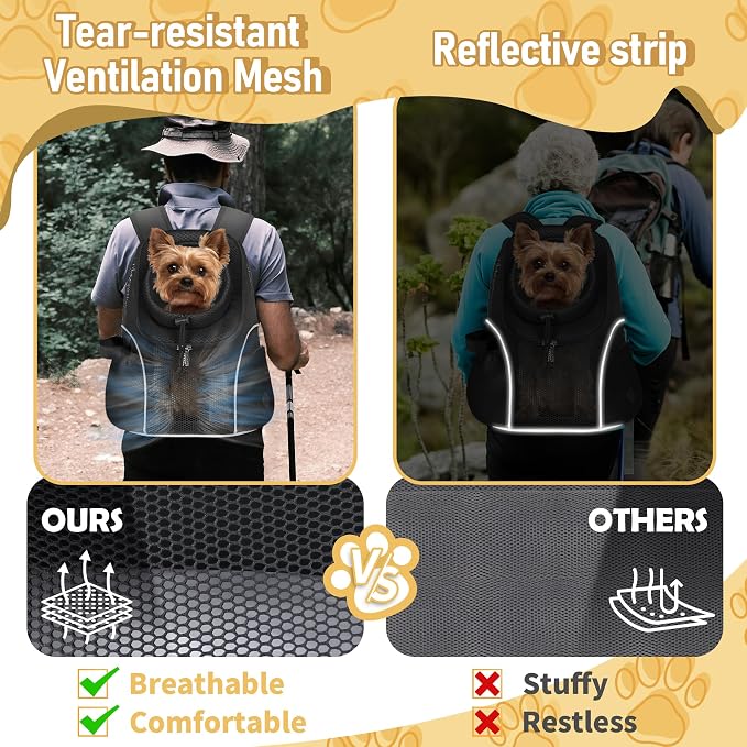WOYYHO Pet Dog Carrier Backpack, Ventilated Mesh Small Dog Front Backpack | Breathable Puppy Back Pack, with Safety Belt, Storage Pockets, for Travel Hiking Cycling Outdoor Adventures, Black, L