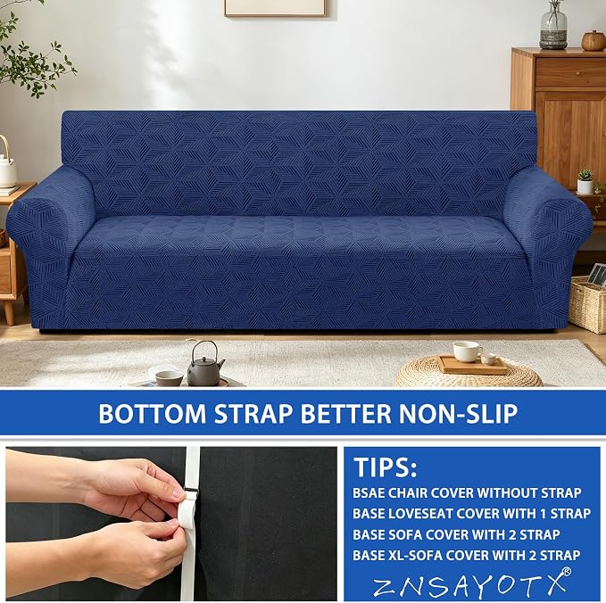 ZNSAYOTX Stretch Couch Cover, 1 Piece Oversized Sofa Covers for 3 Cushion Couch, Jacquard Sofa Slipcovers with Elastic Bottom Thickened Furniture Protector for Dog Cat Pet (X-Large, Navy Blue)