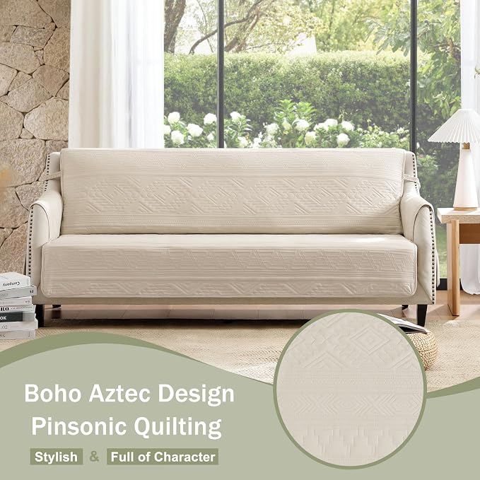 Boho Beige Quilted Recliner Covers, Water-Repellent Recliner Slipcovers, Lazy Boy Chair Covers, Pet Friendly Recliner Cover for Dogs Cats, Washable Furniture Protector (Recliner 22", Beige)