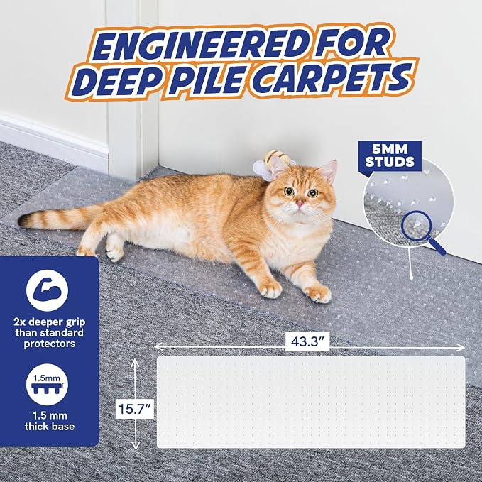 Panther Armor Cat Carpet Protector for Deep Pile, Runner Mat 16 x 43 in | Stops cats scratching deep pile carpet. Door edge protector and plastic runner mat