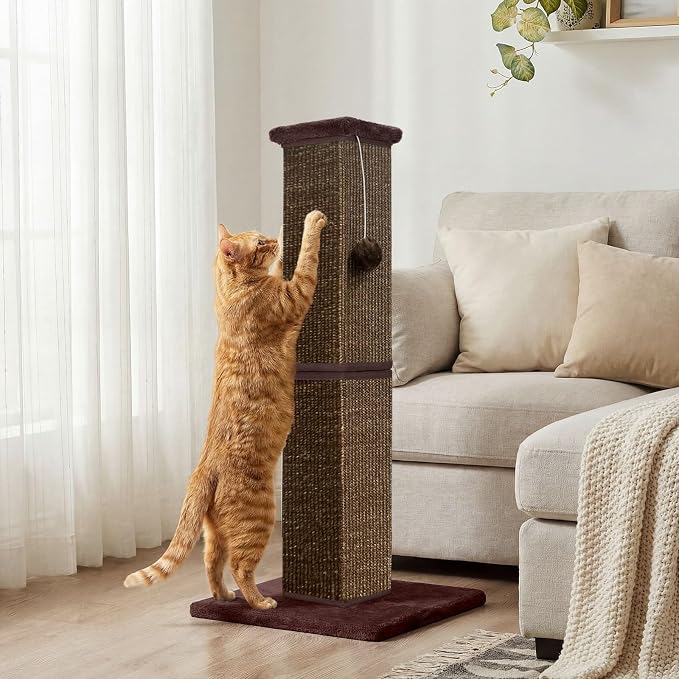 Cat Scratching Post for Indoor Cat, 32 Inch Large Cat Scratcher | Sisal Cat Scratcher with Sturdy Base for Cat Adults, Cat Scratch Post with Vertical Stretch Space, Full Brown