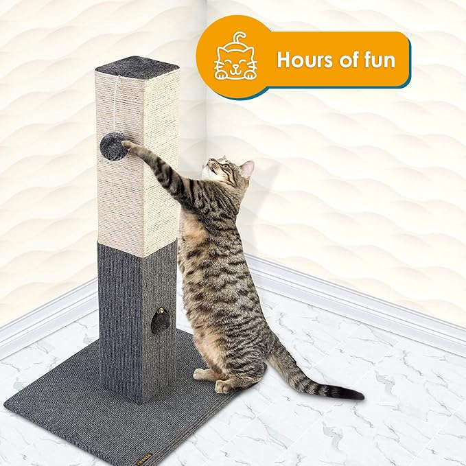 Pawbee 32" Cat Scratching Post with Jingle Bell and Softball, Sisal Rope Tower for Indoor Adults Large Cats, Gray & Beige