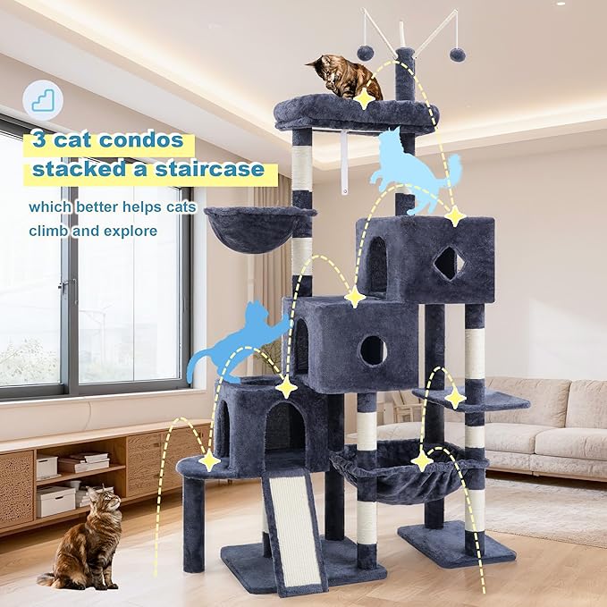 Hey-brother Cat Tree Tower with 3 Condos, Step Climbing Pathway MPJ081G | 74.8 Inches Scratching Post with 3 House, Hammock, Large Basket, Cozy Bed, Sisal Board, Toys for Big Indoor Cats, Smoky Gray