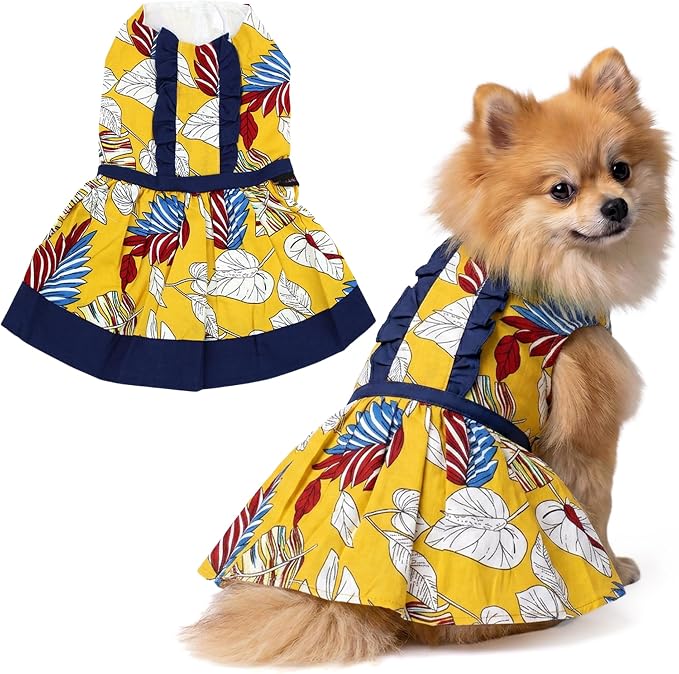 Parisian Pet Summer Dog Dress - Multicolor Clothes for Medium Dogs Girl - Pet Dress with Leaf Pattern - Stylish Printed Beach Dog Outfit - Lightweight Puppy Clothes - Sleeveless Dresses for Dogs