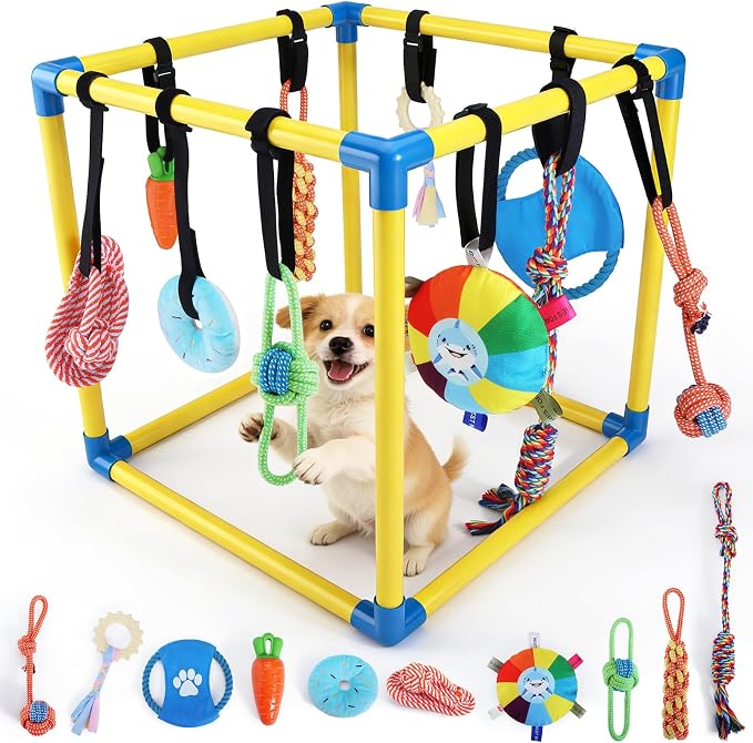 Puppy-Play-Gym for Small Dogs with 10 Dog Toys,19.5" Indoor-Jungle-Play-Gym | Removable Dog Enrichment Playground Interactive Dog Squeaky Toys Puppy Training Center, Adjustable PVC Frame for Puppies Cat