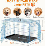 FDW Large Dog Crate 42inch Dog Cage Foldable Metal Kennel with Leakproof Tray Foldable Design Indoor Outdoor Use for Large Dogs,Blue