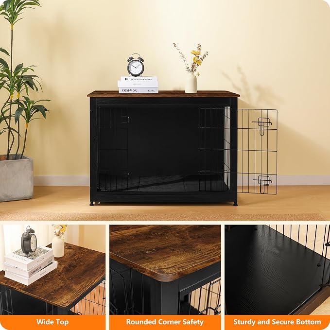 DWANTON Dog Crate Furniture with Cushion, Wooden Kennel Table with Double Doors, Indoor Dog House, Large Size, 38.5" L, Black+Rustic Brown